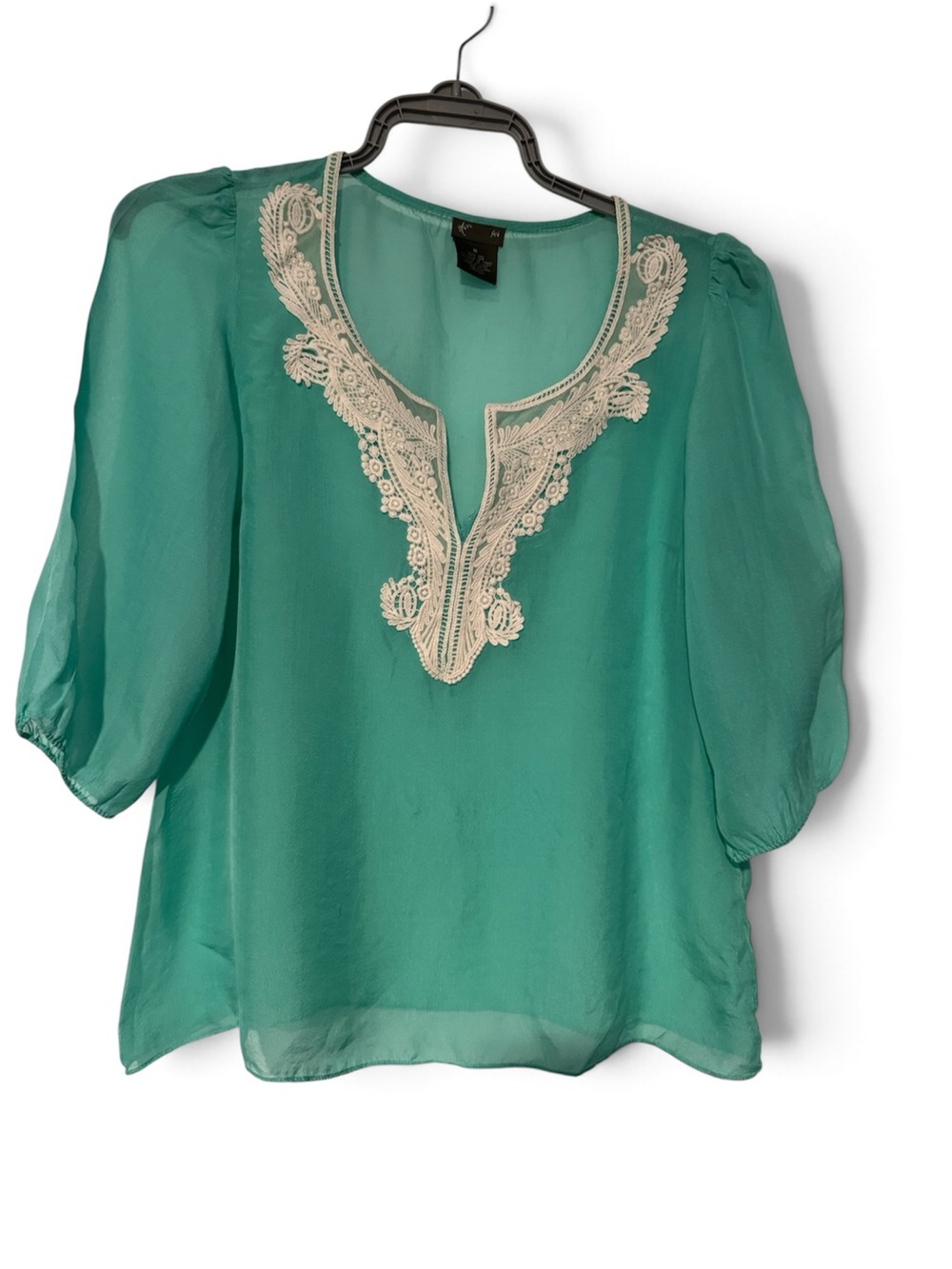 Light Teal Chiffon Blouse with Cream Lace V-Neck